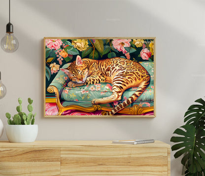 Sleeping Cat Print - Leopard Bedroom - Maximalist Wall Art - Bengal Cat Print - Leopard Wall Art - Cat Wall Art LiveOakPrint