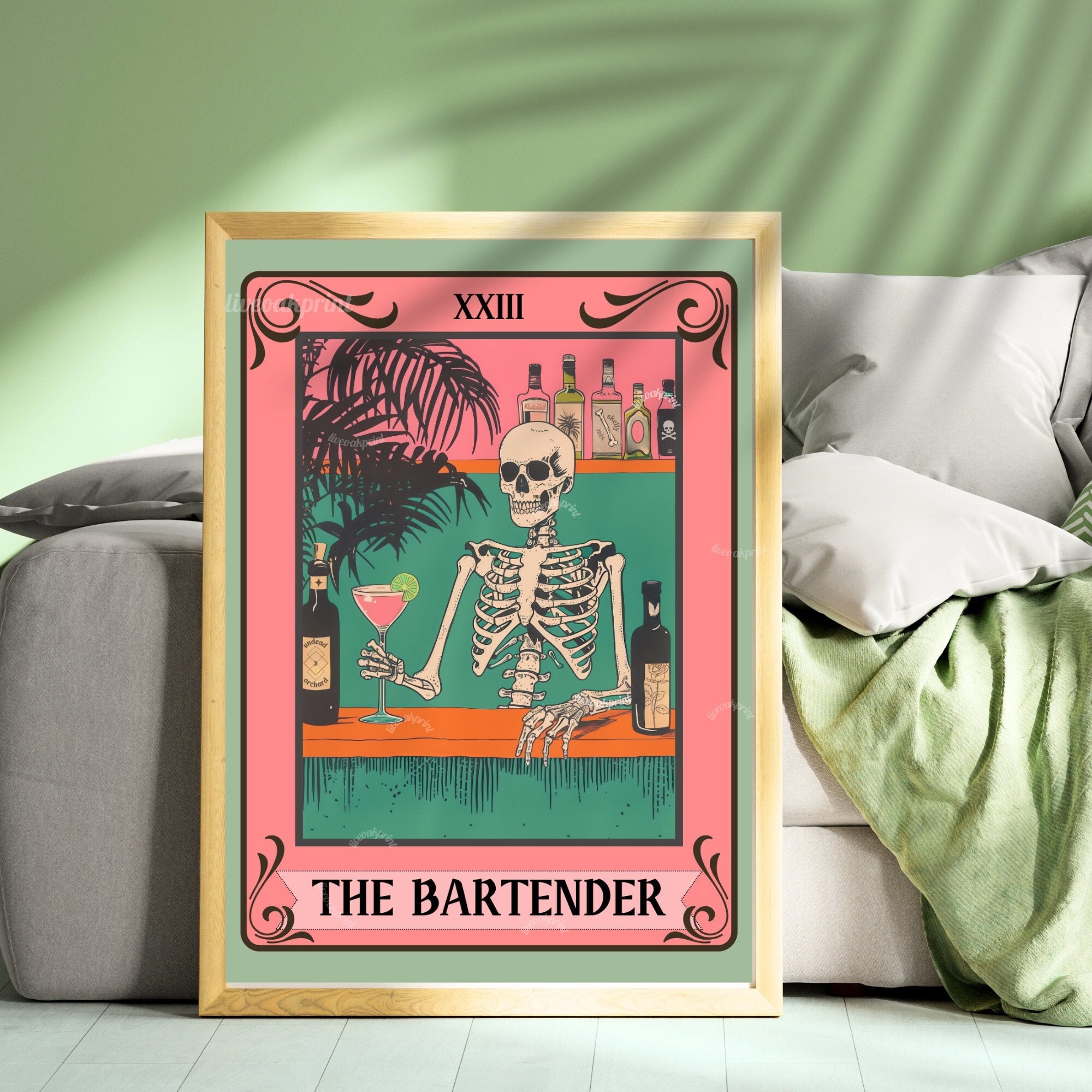 The Bartender Tarot Card - Skeleton Wall Art - Bar Cart Art - Skeleton Cocktail Print - Witchy Bar Art - Gothic Kitchen Sign - Spooky Print