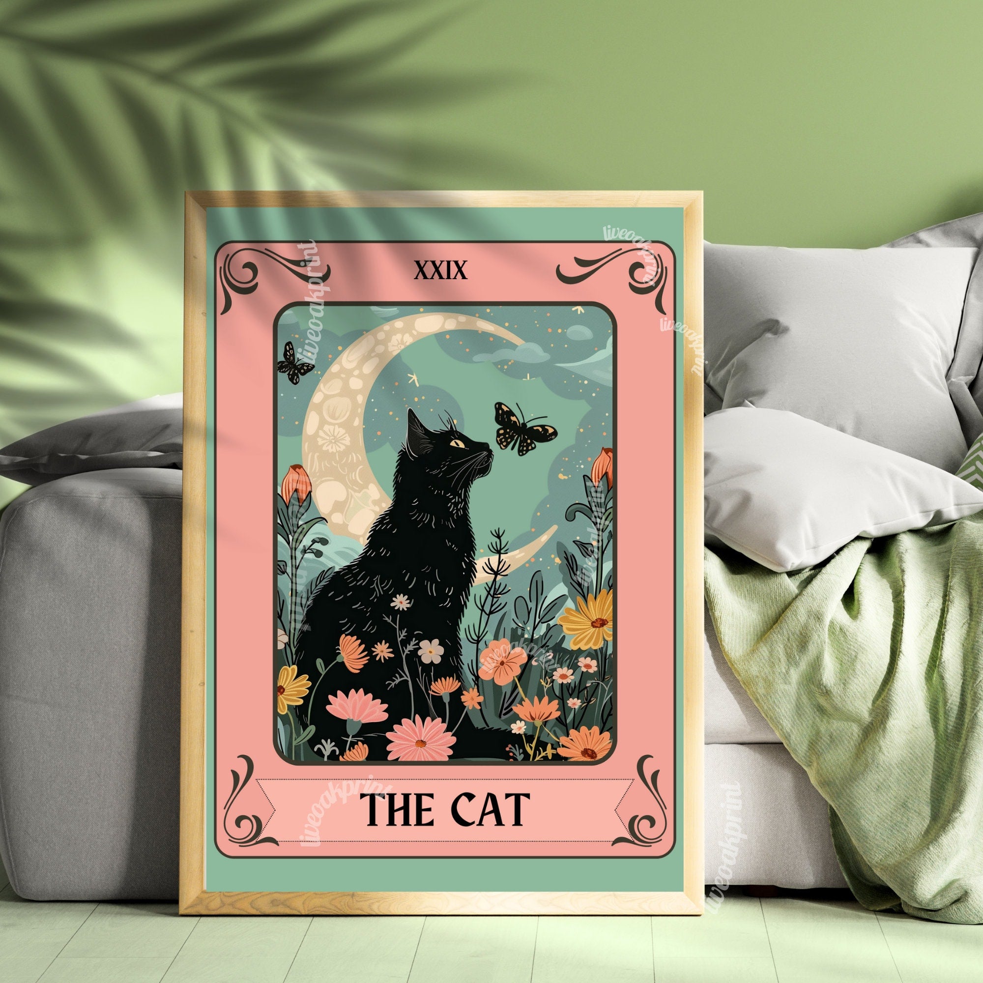 The Cat Tarot Print - Cat Tarot Card - Botanical Cat Moon Print - Black Cat Wall Art - Witchy Cat Decor