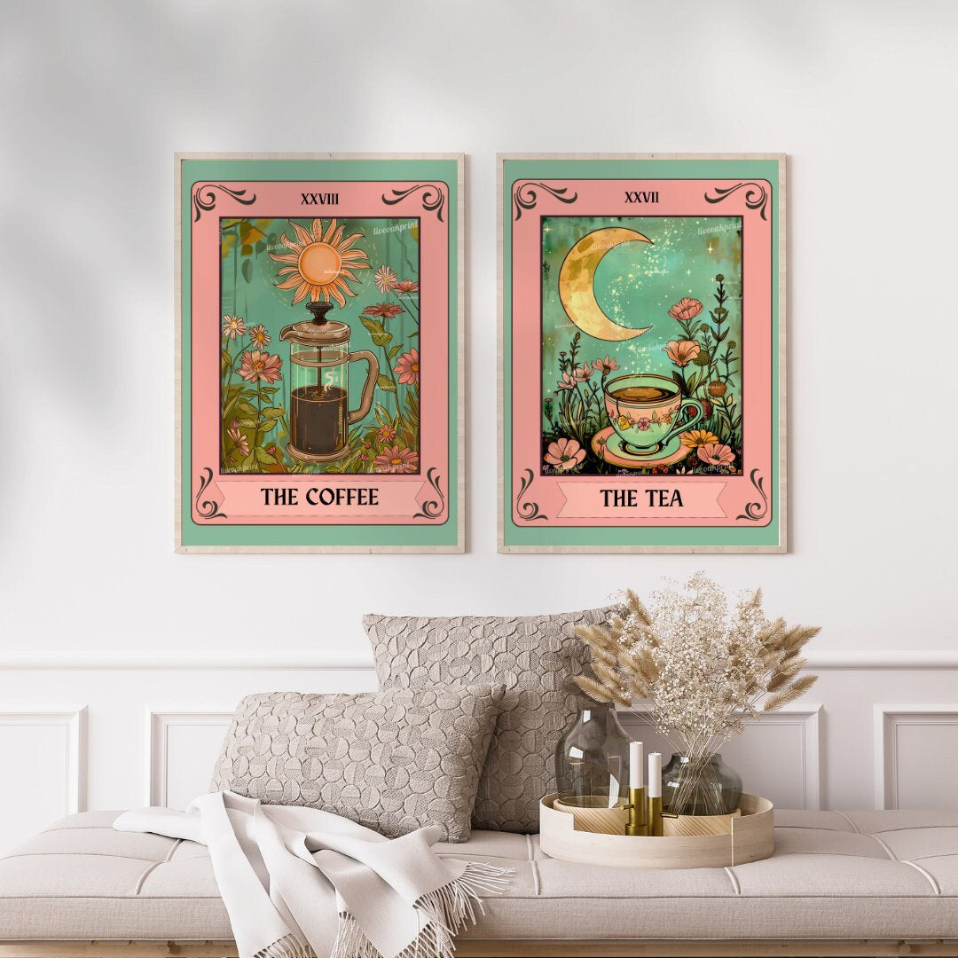 The Coffee and The Tea Tarot Print - Set Of 2 Sun and Moon Prints - Boho Kitchen Art - Set Of Two Coffee and Tea Prints LiveOakPrint