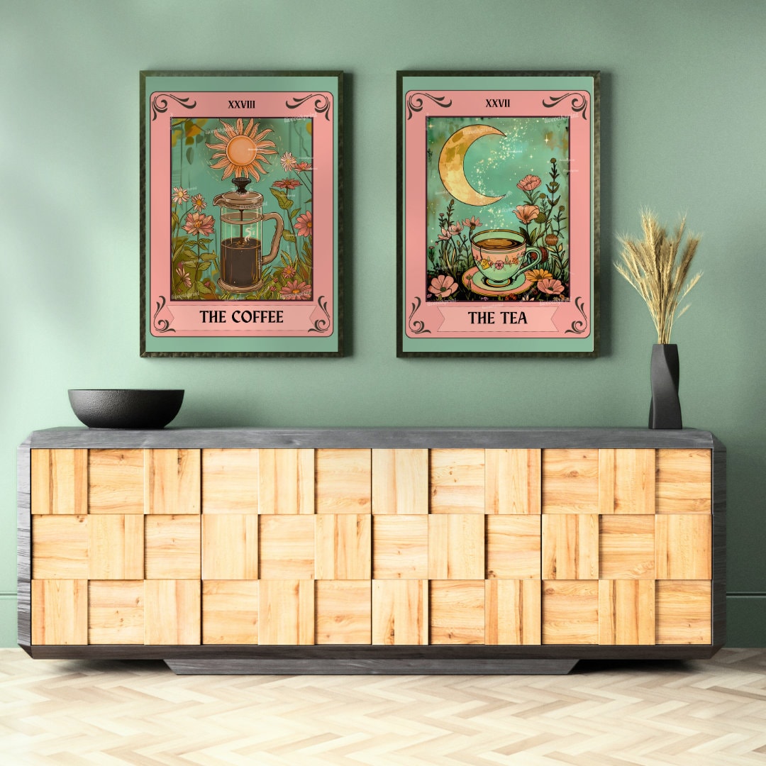 The Coffee and The Tea Tarot Print - Set Of 2 Sun and Moon Prints - Boho Kitchen Art - Set Of Two Coffee and Tea Prints LiveOakPrint