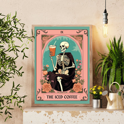 The Iced Coffee Tarot Card - Iced Coffee Print - Coffee Print - Kitchen Print - Skeleton Wall Art - Witchy Wall Art - Vintage Halloween LiveOakPrint