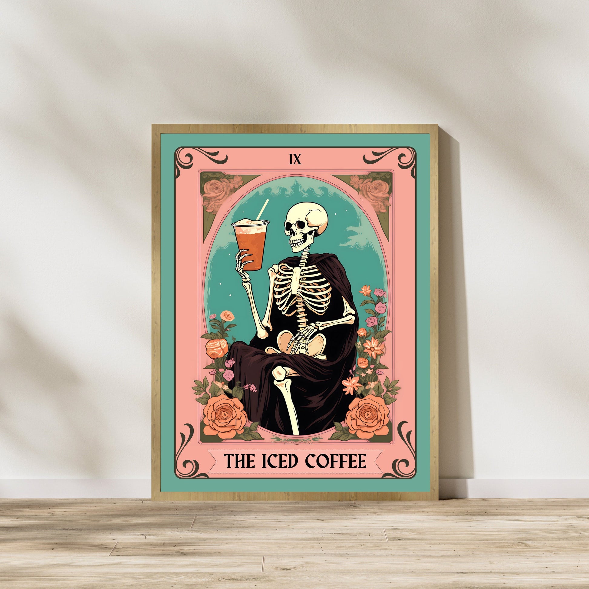 The Iced Coffee Tarot Card - Iced Coffee Print - Coffee Print - Kitchen Print - Skeleton Wall Art - Witchy Wall Art - Vintage Halloween LiveOakPrint