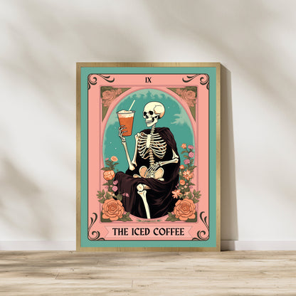 The Iced Coffee Tarot Card - Iced Coffee Print - Coffee Print - Kitchen Print - Skeleton Wall Art - Witchy Wall Art - Vintage Halloween LiveOakPrint