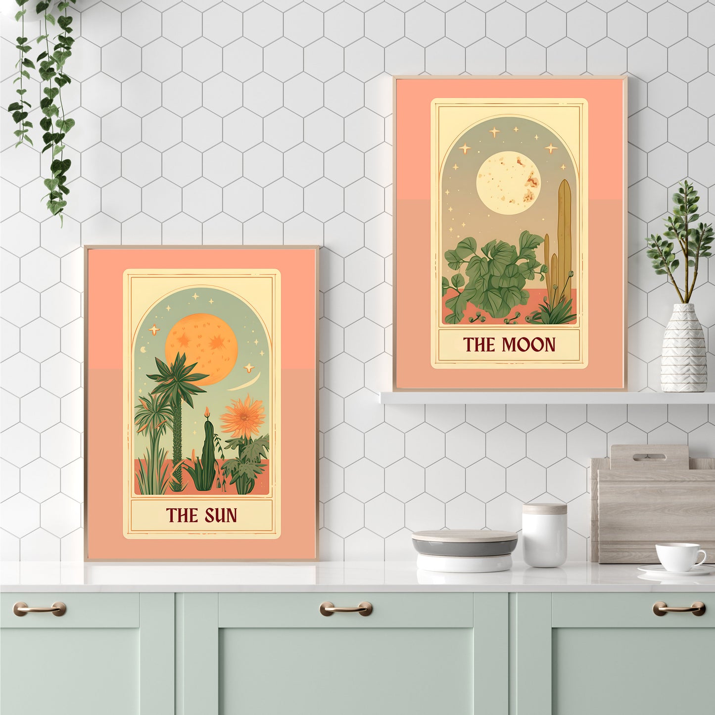 The Sun and Moon Tarot Print Bundle - Botanical Art Print - Minimal Plant Art - Bohemian Wall Art - Cactus Wall Art - Boho Botanical Print LiveOakPrint