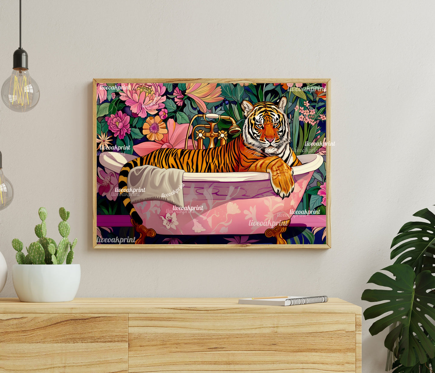 Tiger In A Bathtub In A Luxury Bathroom - Horizontal Wall Art - Maximalist Bathroom Decor -Tiger Bathroom Print - Maximalist Tiger Print LiveOakPrint