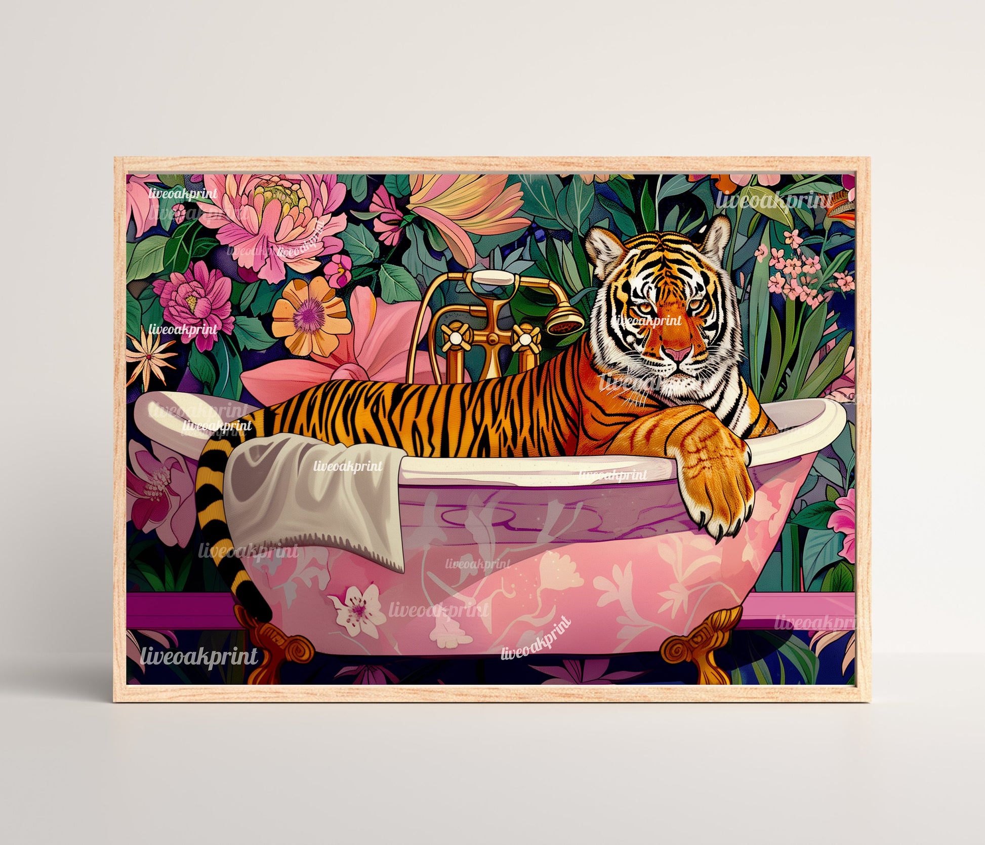 Tiger In A Bathtub In A Luxury Bathroom - Horizontal Wall Art - Maximalist Bathroom Decor -Tiger Bathroom Print - Maximalist Tiger Print LiveOakPrint