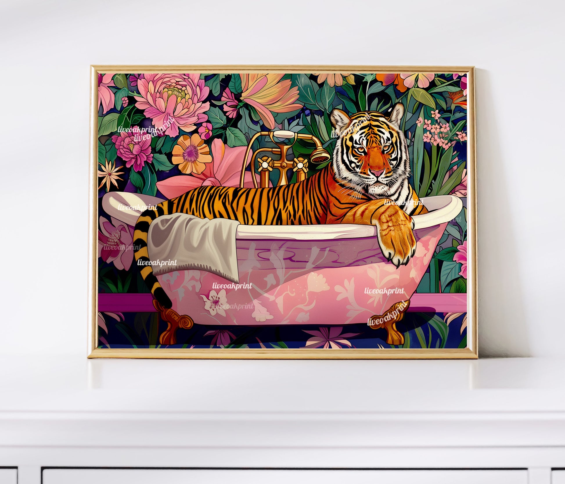 Tiger In A Bathtub In A Luxury Bathroom - Horizontal Wall Art - Maximalist Bathroom Decor -Tiger Bathroom Print - Maximalist Tiger Print LiveOakPrint