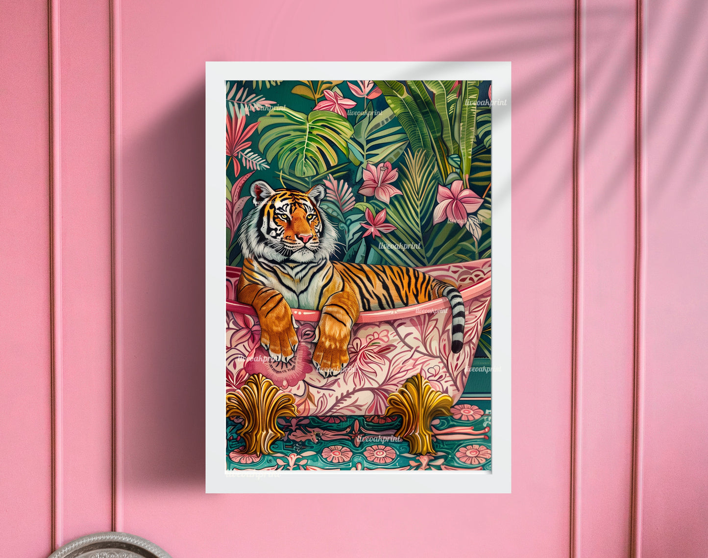 Tiger In A Bathtub In A Luxury Bathroom - Maximalist Bathroom Decor -Tiger Bathroom Print - Maximalist Tiger Print- Tropical Wall Decor LiveOakPrint