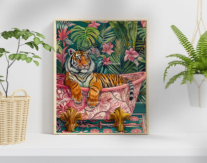 Tiger In A Bathtub In A Luxury Bathroom - Maximalist Bathroom Decor -Tiger Bathroom Print - Maximalist Tiger Print- Tropical Wall Decor LiveOakPrint