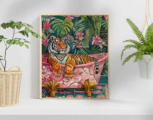 Tiger In A Bathtub In A Luxury Bathroom - Maximalist Bathroom Decor -Tiger Bathroom Print - Maximalist Tiger Print- Tropical Wall Decor LiveOakPrint