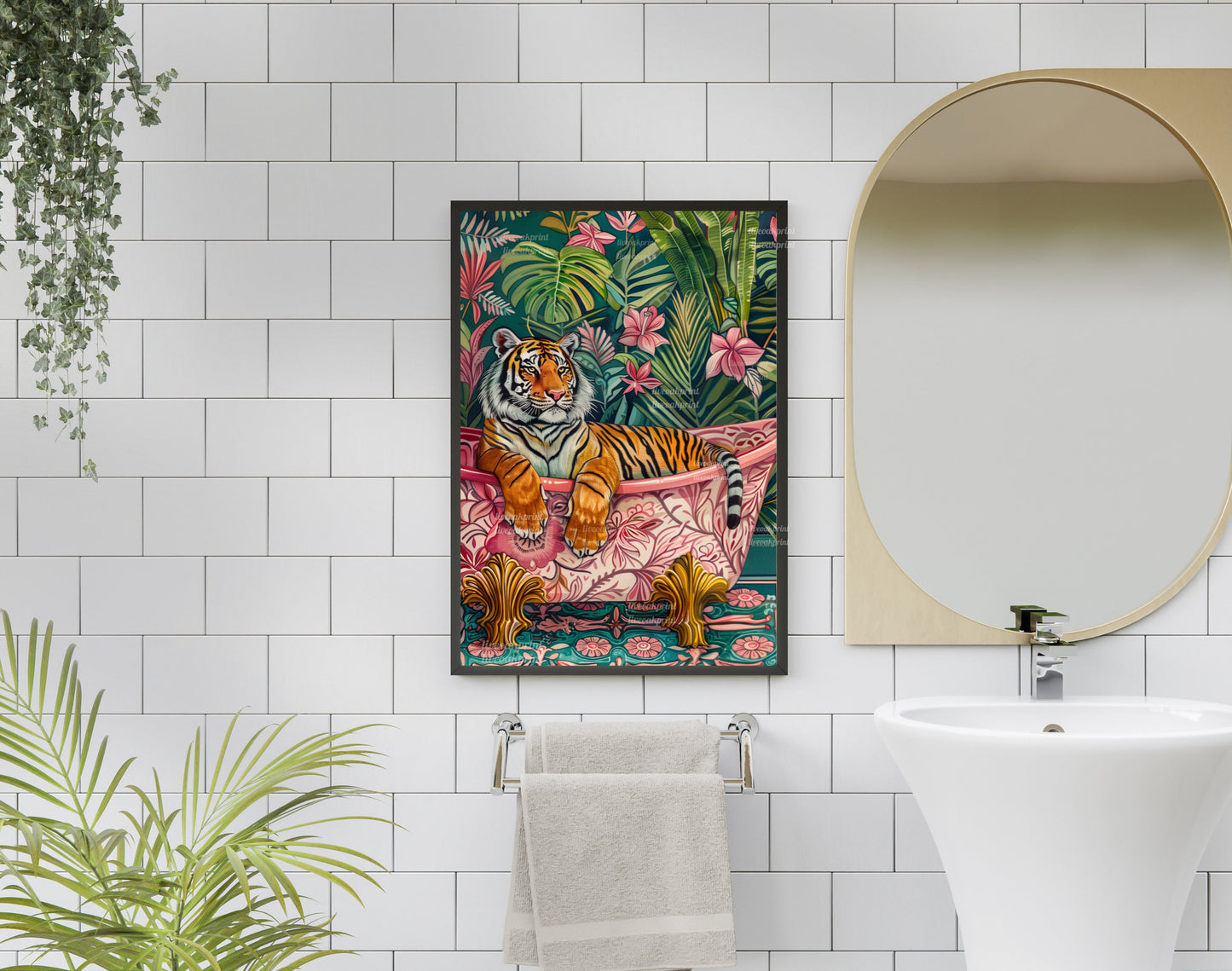 Tiger In A Bathtub In A Luxury Bathroom - Maximalist Bathroom Decor -Tiger Bathroom Print - Maximalist Tiger Print- Tropical Wall Decor LiveOakPrint