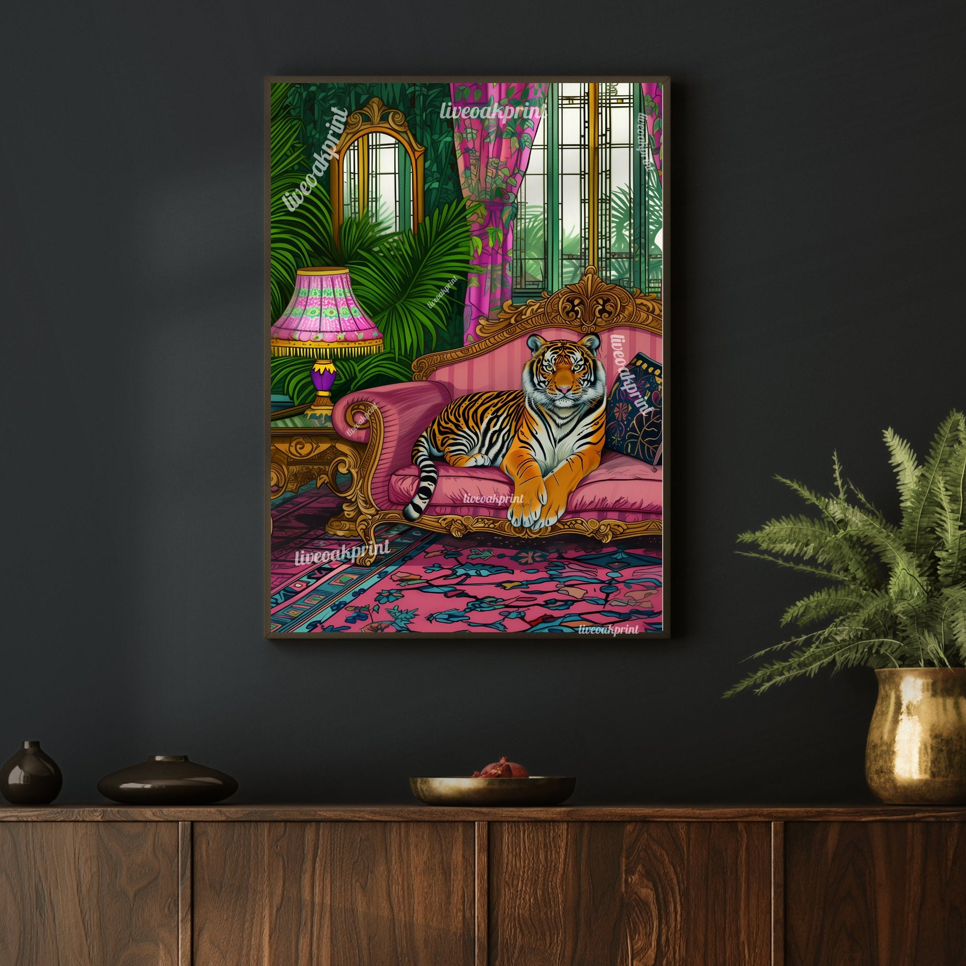 Tiger Lounging on a Luxury Sofa - Maximalist Wall Art - Tiger Print - Tiger Wall Art - Jungle Wall Decor - Tiger Living Room LiveOakPrint