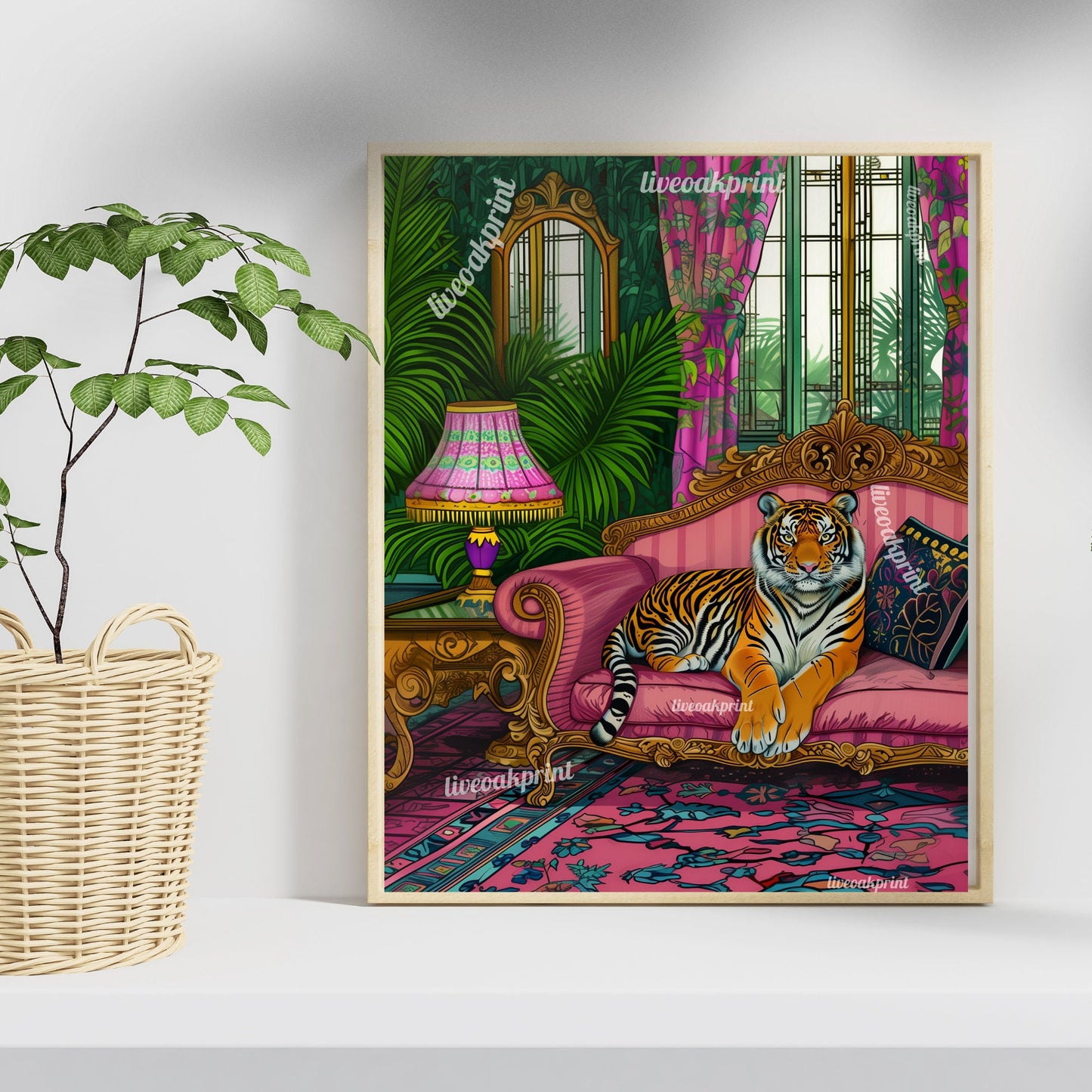 Tiger Lounging on a Luxury Sofa - Maximalist Wall Art - Tiger Print - Tiger Wall Art - Jungle Wall Decor - Tiger Living Room LiveOakPrint