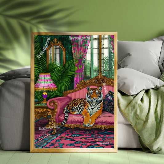 Tiger Lounging on a Luxury Sofa - Maximalist Wall Art - Tiger Print - Tiger Wall Art - Jungle Wall Decor - Tiger Living Room LiveOakPrint