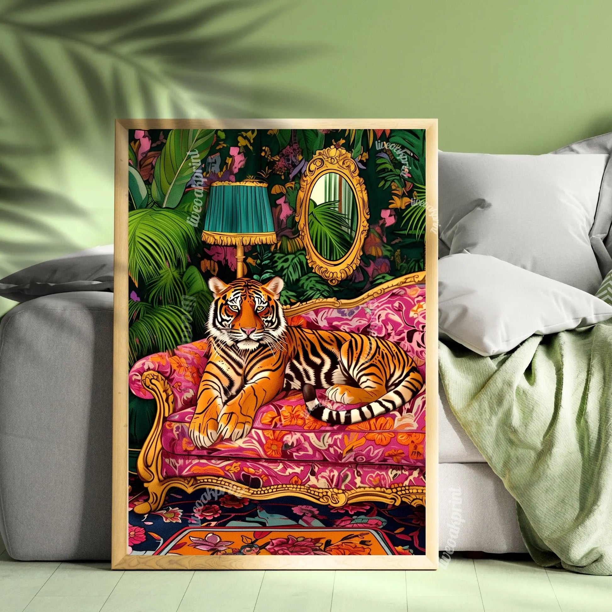 Tiger Lounging on a Luxury Sofa - Maximalist Wall Art - Tiger Print - Tiger Wall Art - Tiger Wall Decor - Tiger Living Room LiveOakPrint