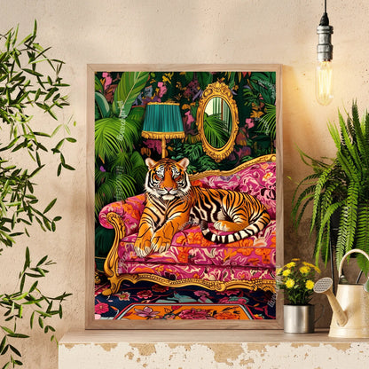 Tiger Lounging on a Luxury Sofa - Maximalist Wall Art - Tiger Print - Tiger Wall Art - Tiger Wall Decor - Tiger Living Room LiveOakPrint