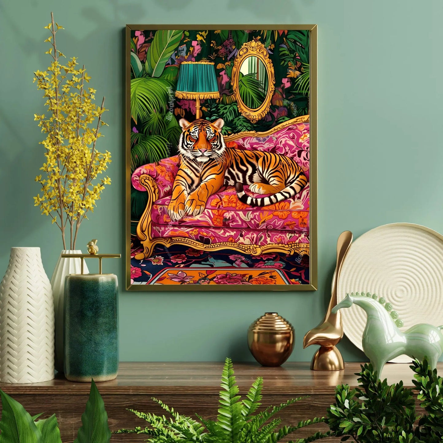 Tiger Lounging on a Luxury Sofa - Maximalist Wall Art - Tiger Print - Tiger Wall Art - Tiger Wall Decor - Tiger Living Room LiveOakPrint