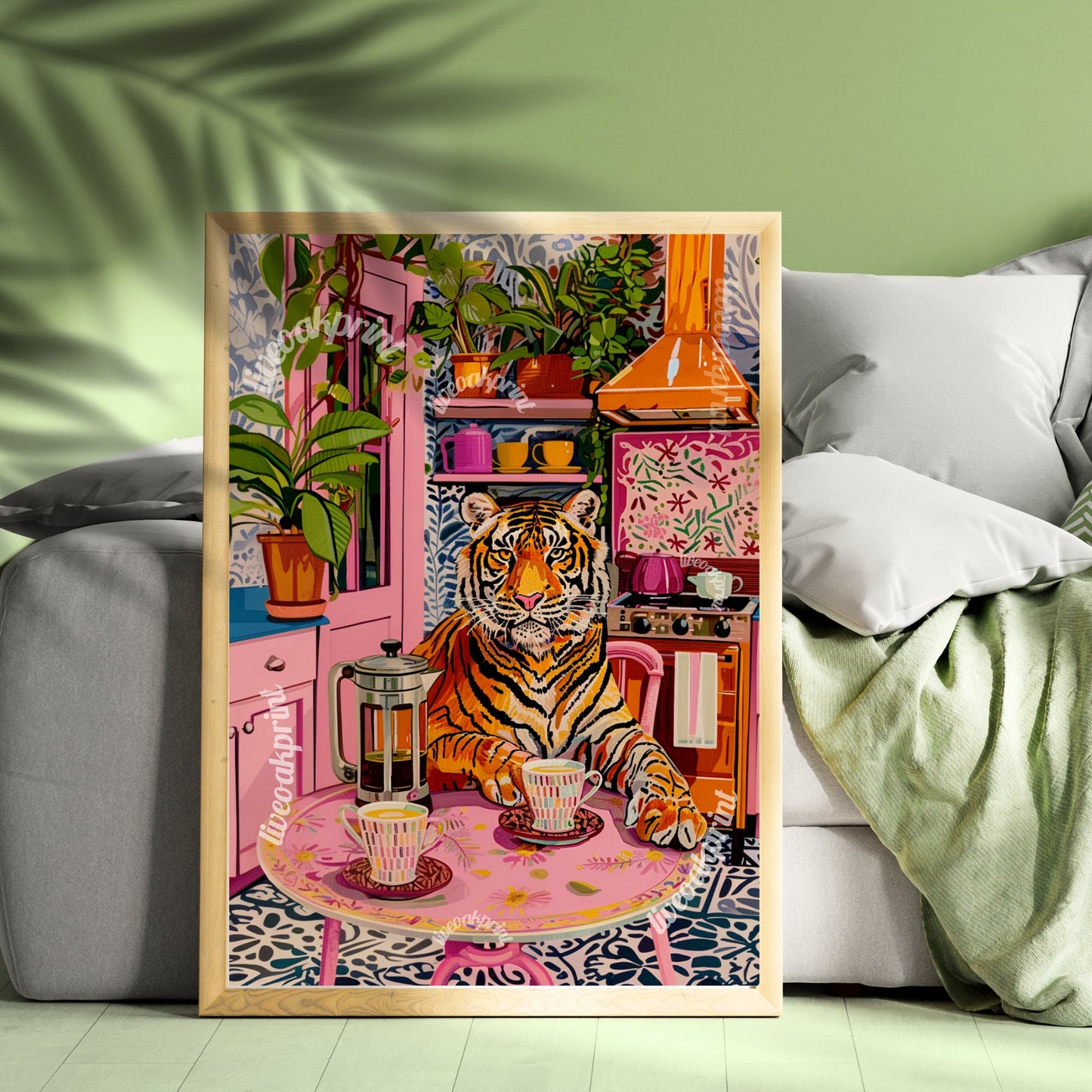 Tiger With Coffee and A French Press - Maximalist Wall Art - Tiger Print - Tiger Wall Art - Tiger Kitchen Print LiveOakPrint