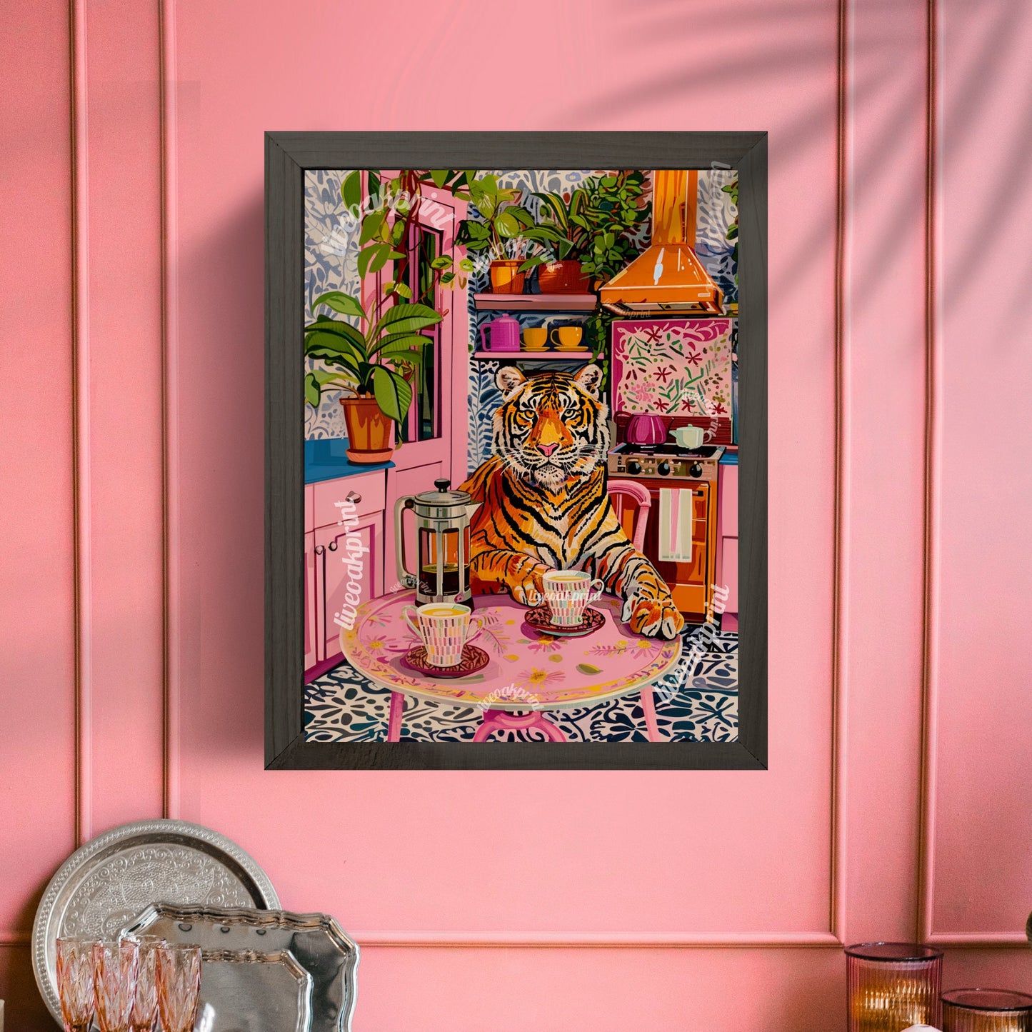 Tiger With Coffee and A French Press - Maximalist Wall Art - Tiger Print - Tiger Wall Art - Tiger Kitchen Print LiveOakPrint