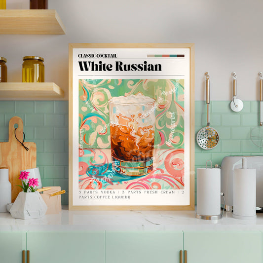 White Russian Print - Cocktail Wall Art - Bar Cart - Classic Cocktail Prints - White Russian Gift - Kitchen Wall Art - Retro Drink Print LiveOakPrint