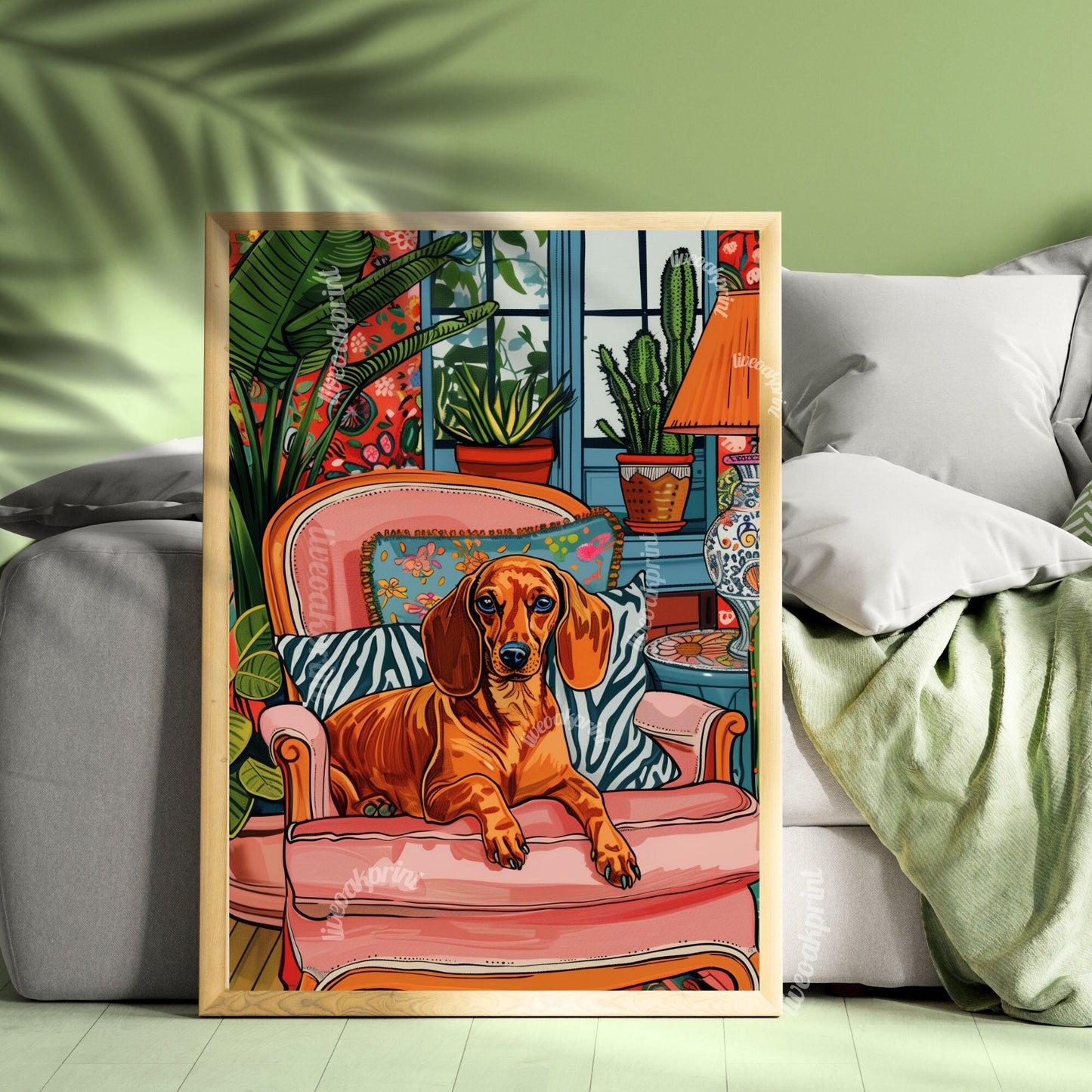 Wiener Dog Lounging on a Luxury Sofa - Maximalist Dachshund Print - Sausage Dog Print - Weenie Dog Wall Art - Dachshund Gift LiveOakPrint