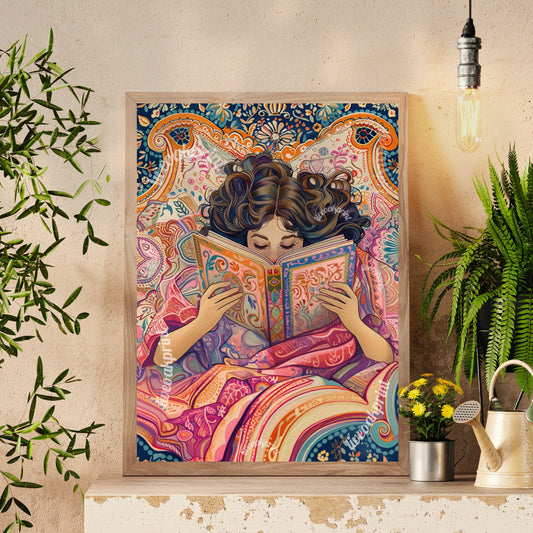 William Morris Inspired Reading Print - Woman Reading In Bed - Girl Reading In Bed - Bookish Print - Reading Decor - Maximalist Wall Art LiveOakPrint