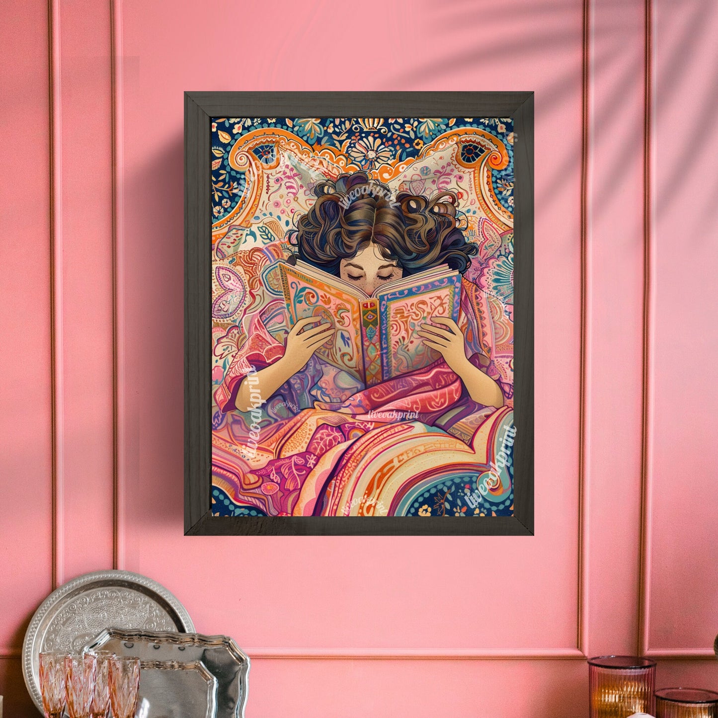 William Morris Inspired Reading Print - Woman Reading In Bed - Girl Reading In Bed - Bookish Print - Reading Decor - Maximalist Wall Art LiveOakPrint