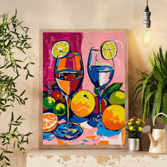Wine Spritzers Print - Colorful Wine and Fruit Print - Maximalist Wall Art - Pink Wall Art - Wine Art Print - Classy Cocktail Print LiveOakPrint