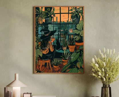 Witch Drinking Coffee, Looking Over an Urban Sunset - Plant Wall Art - Boho Witch Art - Black Cat Print - Witchy Wall Decor - Gothic Print LiveOakPrint