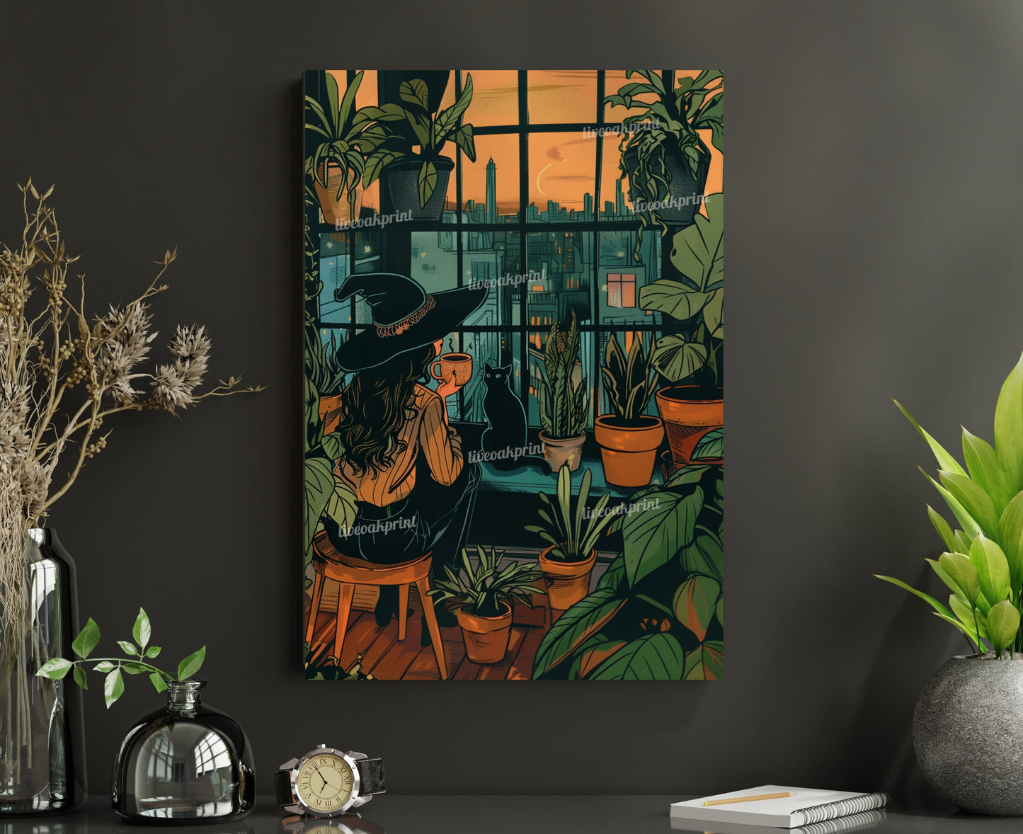 Witch Drinking Coffee, Looking Over an Urban Sunset - Plant Wall Art - Boho Witch Art - Black Cat Print - Witchy Wall Decor - Gothic Print LiveOakPrint