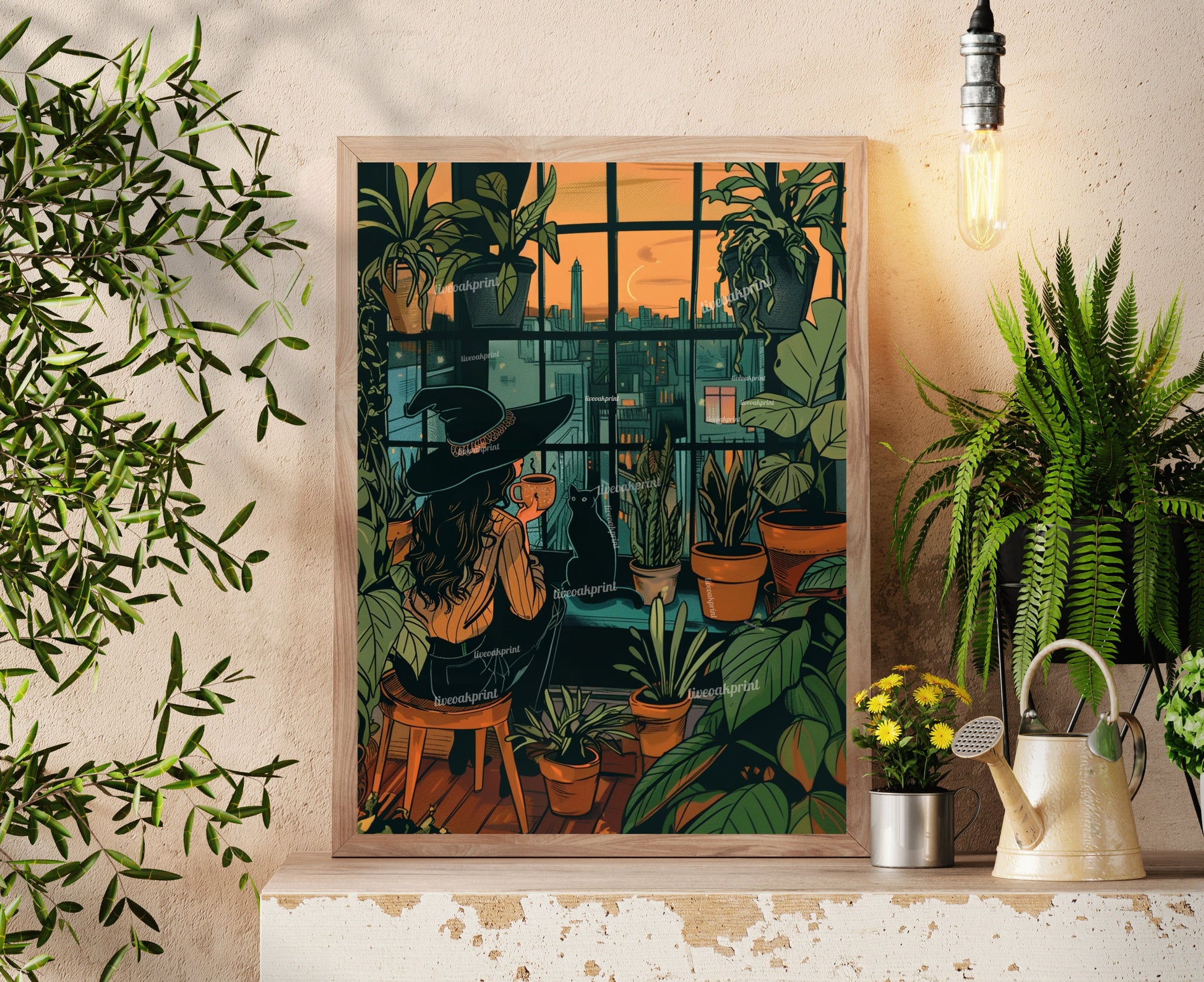 Witch Drinking Coffee, Looking Over an Urban Sunset - Plant Wall Art - Boho Witch Art - Black Cat Print - Witchy Wall Decor - Gothic Print LiveOakPrint