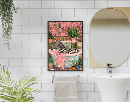 Zebra in a Bathtub - Whimsical Wall Art - Zebra Print - Zebra Bathroom Art - Tropical Bathroom Decor LiveOakPrint