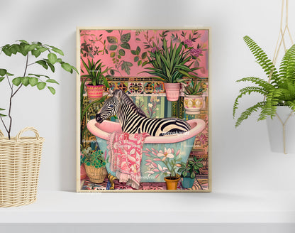 Zebra in a Bathtub - Whimsical Wall Art - Zebra Print - Zebra Bathroom Art - Tropical Bathroom Decor LiveOakPrint