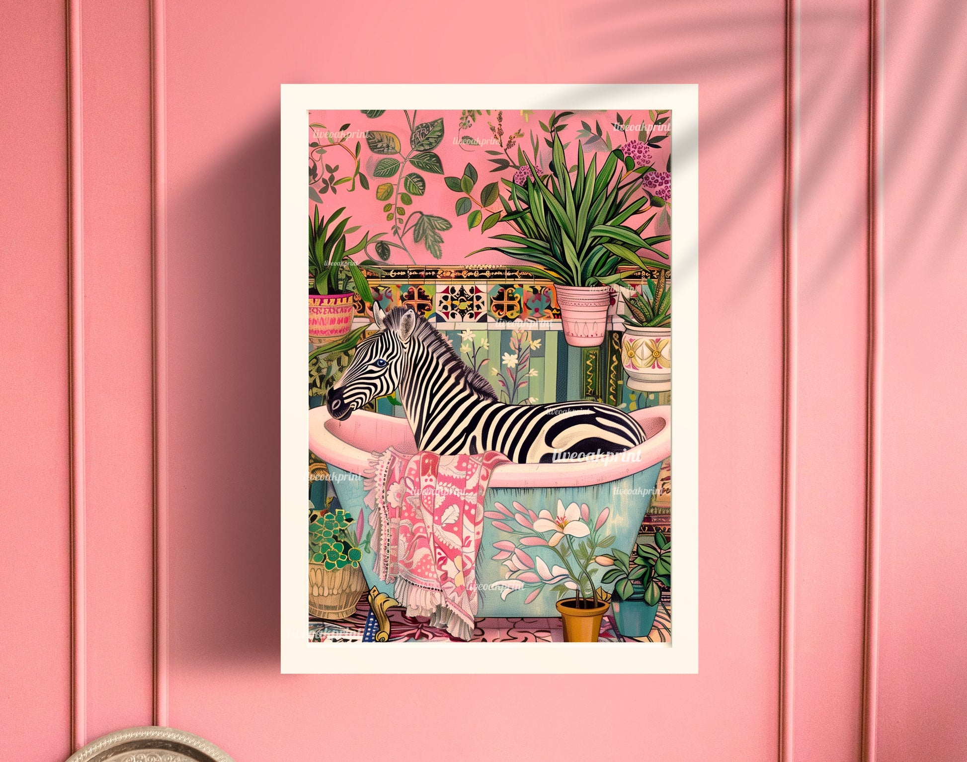 Zebra in a Bathtub - Whimsical Wall Art - Zebra Print - Zebra Bathroom Art - Tropical Bathroom Decor LiveOakPrint