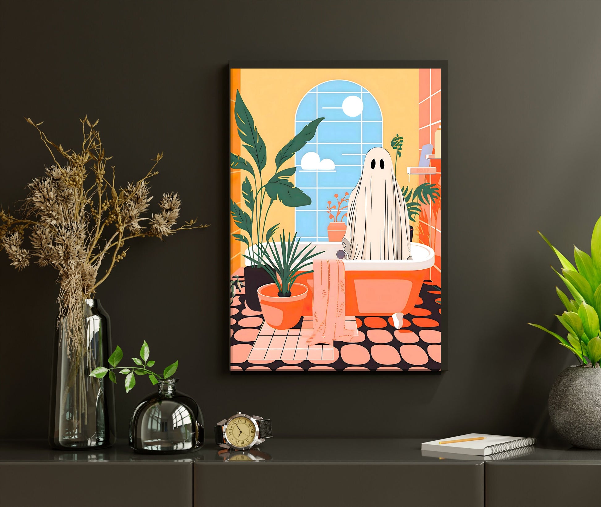Ghosts Need Baths Too - Cute Ghost Print - Cute Ghost Wall Art - Spooky Bathroom Art - Halloween Bathroom Decor - Maximalist - Vibrant