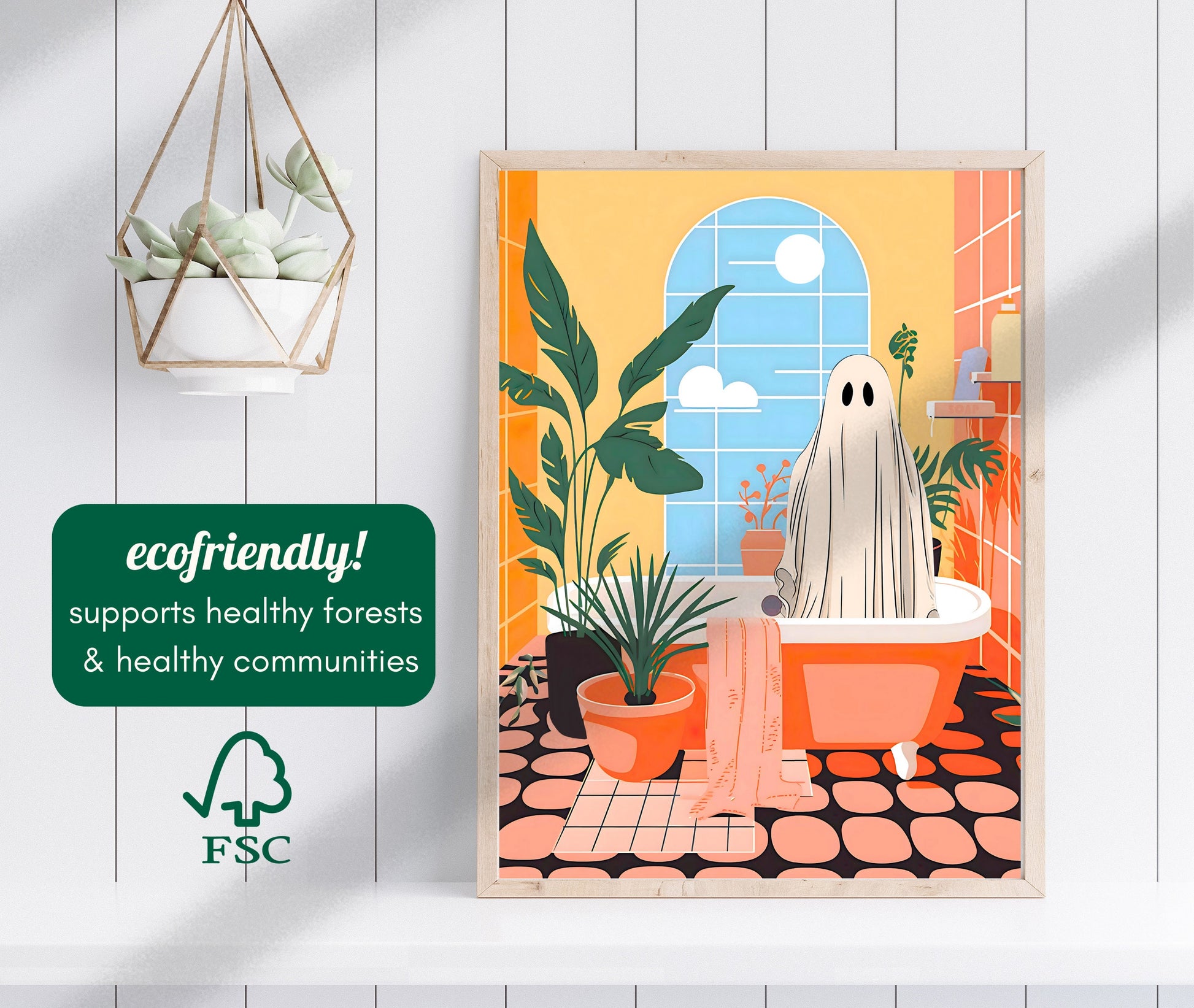 Ghosts Need Baths Too - Cute Ghost Print - Cute Ghost Wall Art - Spooky Bathroom Art - Halloween Bathroom Decor - Maximalist - Vibrant