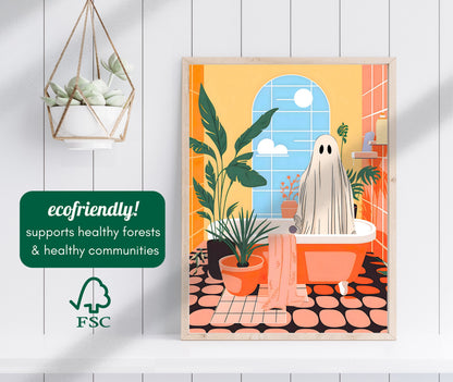 Ghosts Need Baths Too - Cute Ghost Print - Cute Ghost Wall Art - Spooky Bathroom Art - Halloween Bathroom Decor - Maximalist - Vibrant
