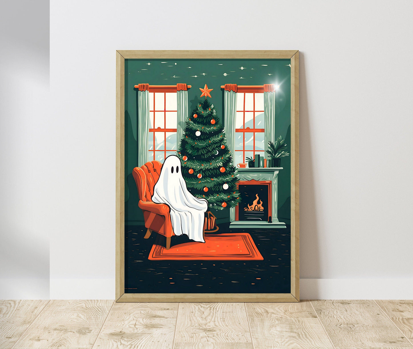 Oscar the Ghost Christmas Special - Cute Ghost Christmas Print - Cozy Living Room Print - Retro Ghost Print