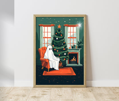 Oscar the Ghost Christmas Special - Cute Ghost Christmas Print - Cozy Living Room Print - Retro Ghost Print