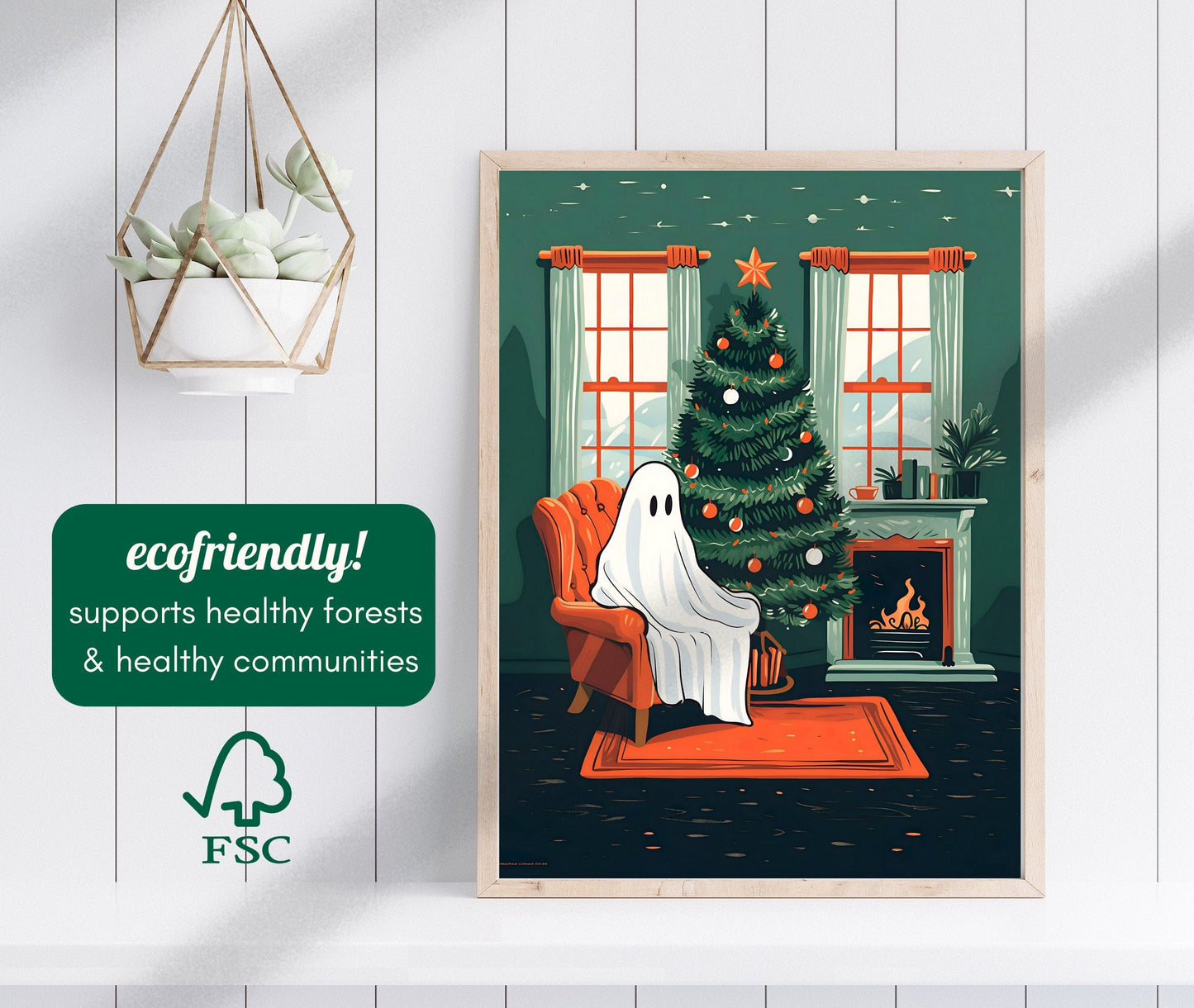 Oscar the Ghost Christmas Special - Cute Ghost Christmas Print - Cozy Living Room Print - Retro Ghost Print