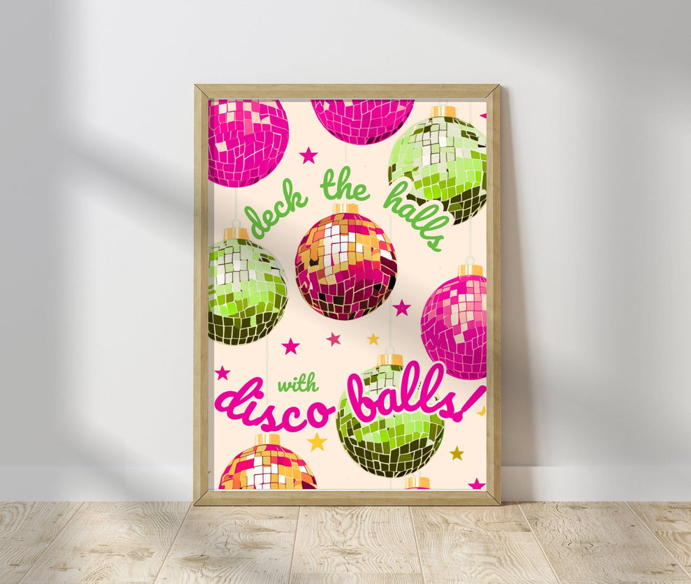 Deck The Halls With Disco Balls Pink and Lime Green - Disco Christmas Print - Disco Christmas Decor - Disco Print