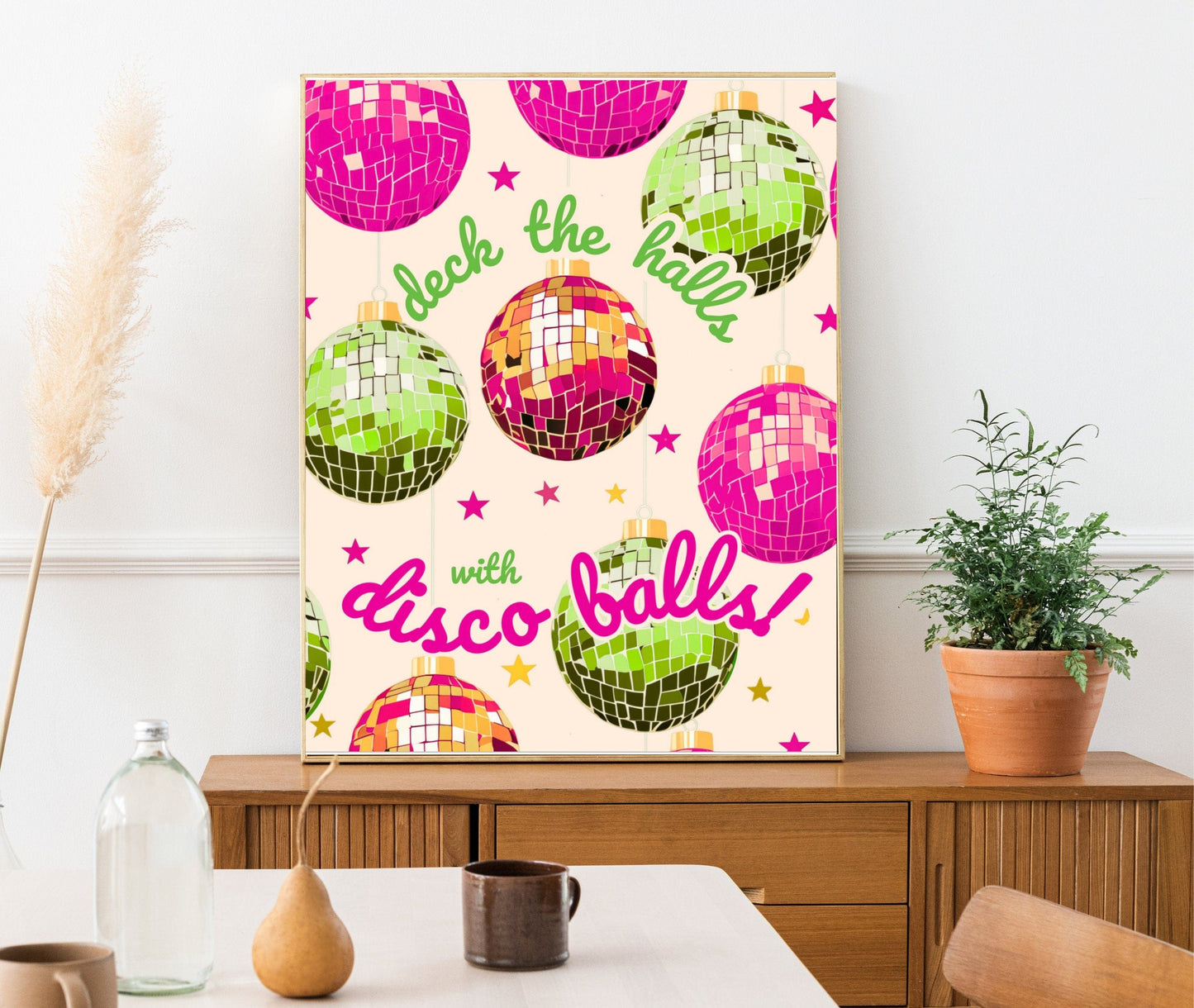 Deck The Halls With Disco Balls Pink and Lime Green - Disco Christmas Print - Disco Christmas Decor - Disco Print