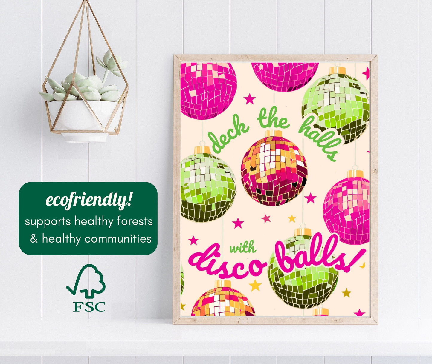 Deck The Halls With Disco Balls Pink and Lime Green - Disco Christmas Print - Disco Christmas Decor - Disco Print