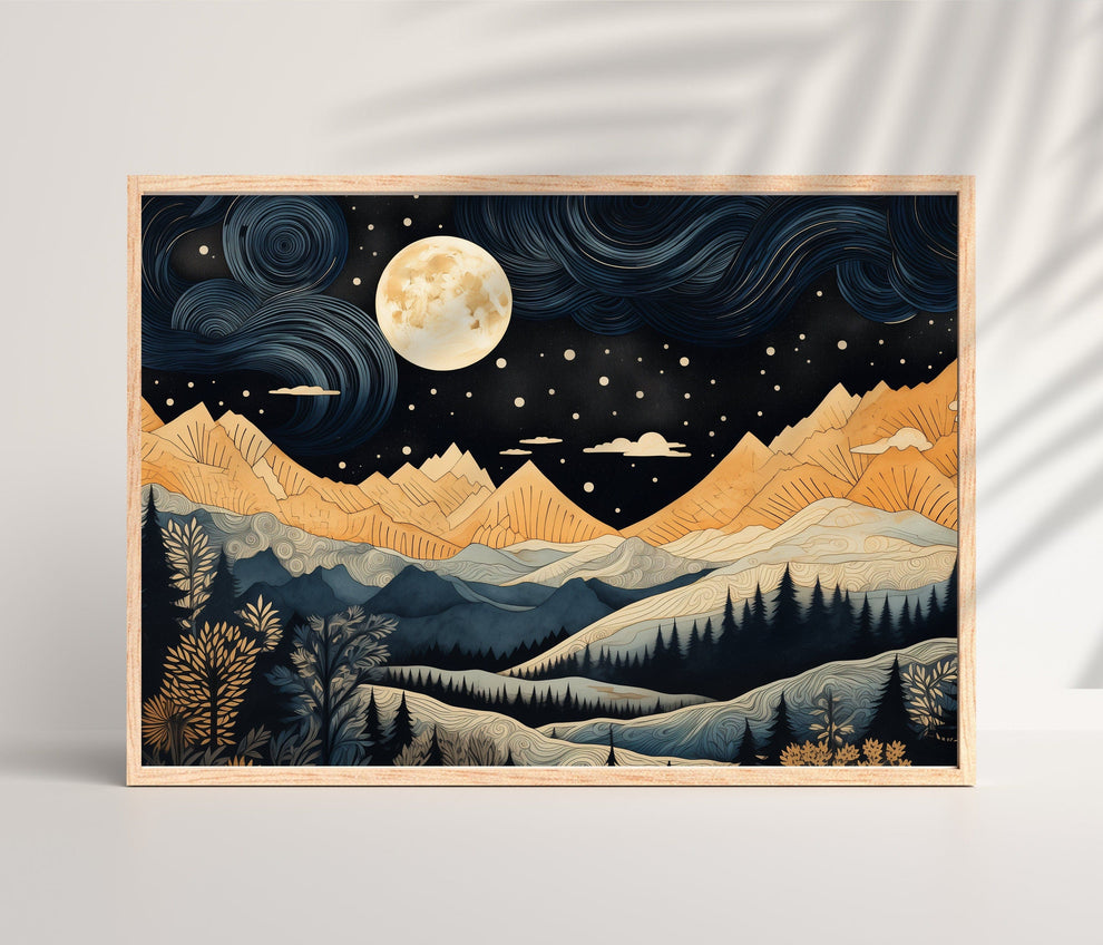 January Moon - Moon Wall Art - Winter Mountain Art - Nature Wall Art - Neutral Wall Art - Boho Home Decor - Mountains Wall Art - Moon Phases
