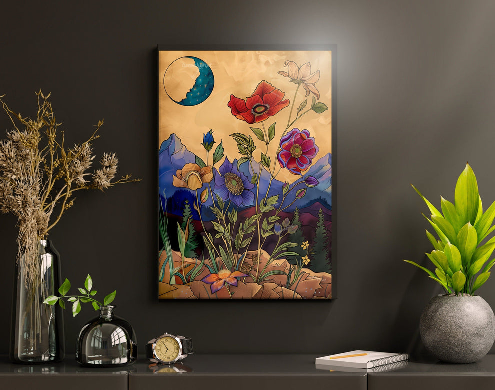 Whimsical Flowers and Moon Art Print