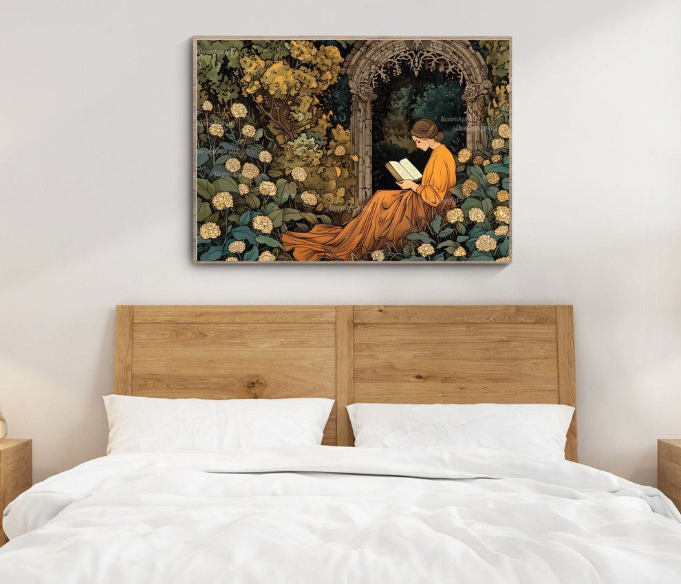 Woman Reading in Garden Wall Art – Cottagecore Fairycore Decor, Bookish Library Print, Whimsical Reading Nook Art, Gift for Her