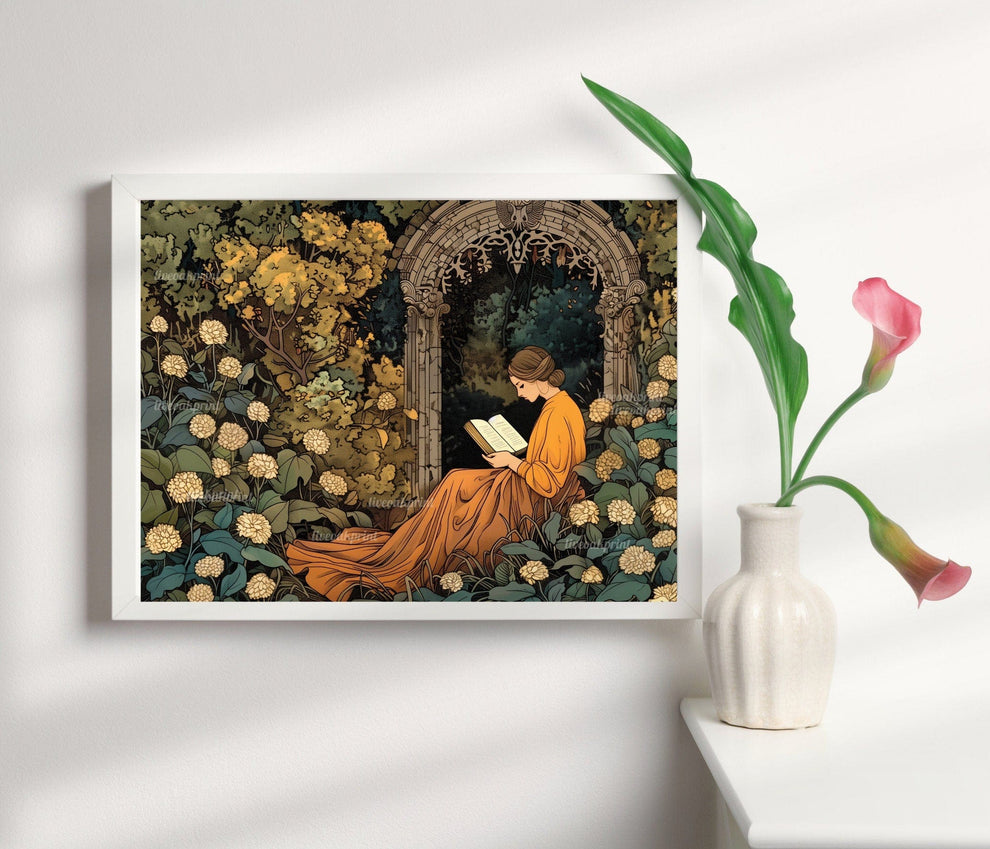 Woman Reading in Garden Wall Art – Cottagecore Fairycore Decor, Bookish Library Print, Whimsical Reading Nook Art, Gift for Her