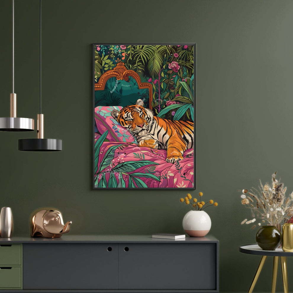 Sleeping Tiger in Bed Art Print – Maximalist Jungle Wall Art, Bold Animal Decor, Tiger Bedroom Poster, Rest Aesthetic, Gift for Her
