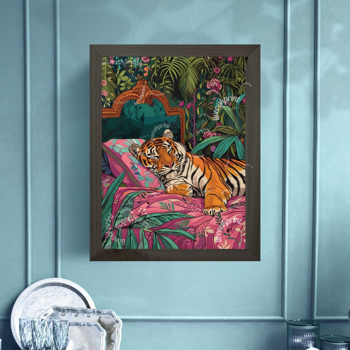 Sleeping Tiger in Bed Art Print – Maximalist Jungle Wall Art, Bold Animal Decor, Tiger Bedroom Poster, Rest Aesthetic, Gift for Her
